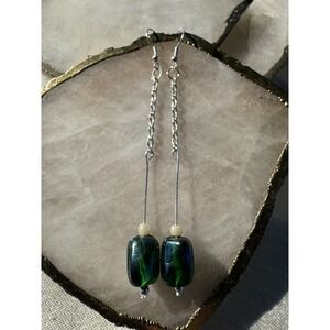 Handmade Dangle Drop Earrings 3.75"Green AB Pink Faux Pearl Stainless Holiday